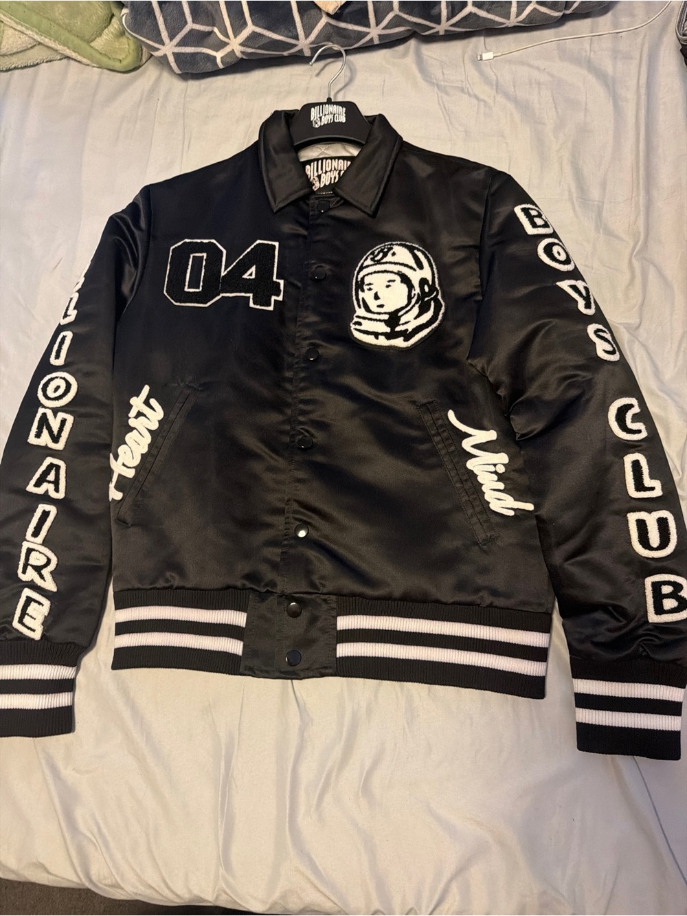 NWOT Billionaire Boys Club (BBC) Heart & Mind Satin Varsity Jacket (Black)